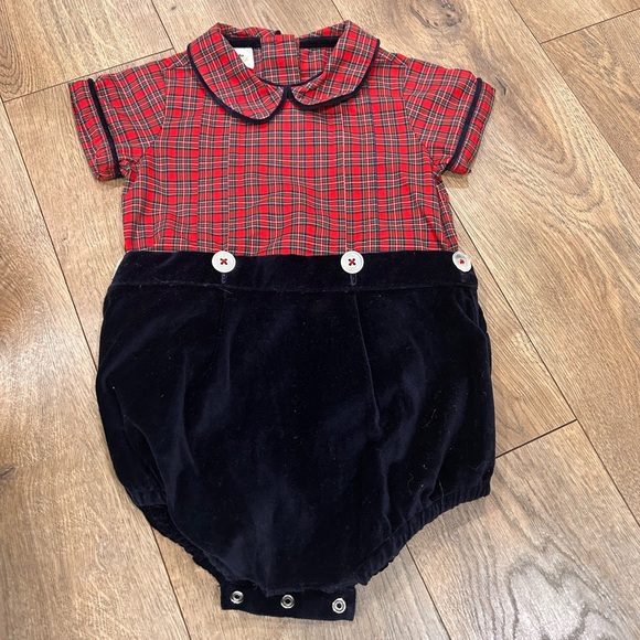 La Petite Fleur Baby bubble in red holiday plaid with navy velvet - Size 18M - Picture 1 of 5